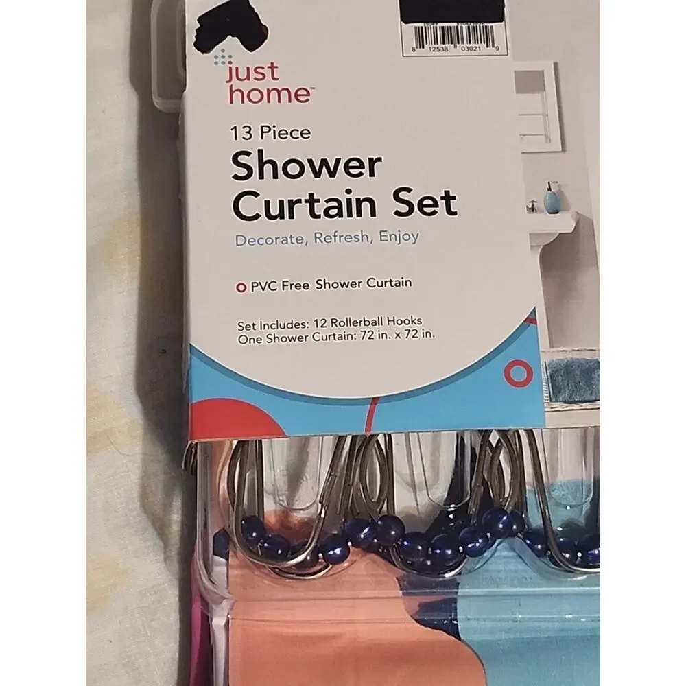 Just Home PVC Shower Curtain Set 13 pc Floral Multicolor Rollerball Hooks 72